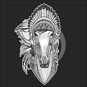 Horse, hoss, knight, steed, courser Cool animal wearing native american indian headdress with feathers Boho chic style