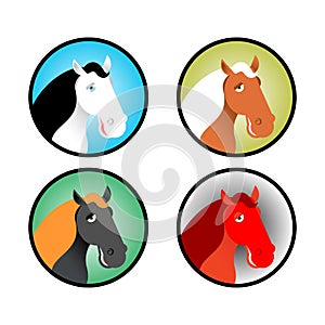 Horse icons set. Head of animal with multi-colored mane. Different breeds of horses
