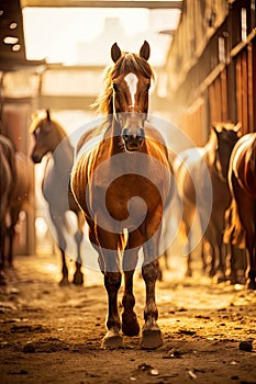 horse in its stable. The equine animal is set in a rustic and rural scene,