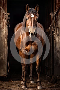 horse in its stable. The equine animal is set in a rustic and rural scene,