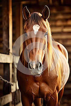 horse in its stable. The equine animal is set in a rustic and rural scene,