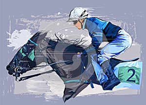 Horse with jockey on grunge background