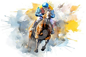 Horse jockey on the race, watercolor painting on white background, Abstract racing horse with jockey from a splash of watercolors