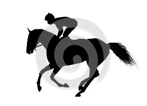 Horse jockey racing black silhouette isolated on white