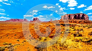 Horse at John Ford Point with towering red sandstone formations of Sentinel Mesa, Merrick Butte, Mitten Buttes in Monument Valley