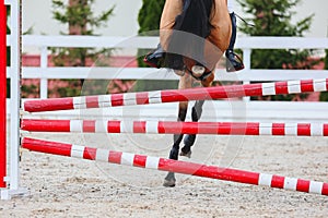 Horse Jumping, Equestrian Sports, Show Jumping themed photo. Macro. Red and white hurdle. Bay horse jump and land