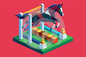 A horse is jumping over bars in a training ground, Horse jumping Customizable Isometric Illustration