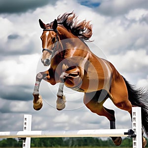 A horse jumping over a white fence in the sky, AI