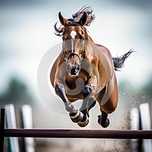 A horse jumping over a wooden fence in the air, AI