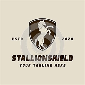 horse jumping on shield emblem logo vector vintage illustration template icon graphic design. stallion wild animal sign or symbol