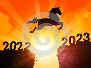 A horse jumps from year 2022 to the New Year 2023 - Happy New Year 2023 wallpaper and background