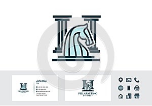 Horse knight chess pillar strategy logo - business card design vector photo