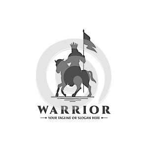 Horse Knight Silhouette, Medieval Horseman Horseback Warrior bring Pike Spear War Banner Flag Silhouette