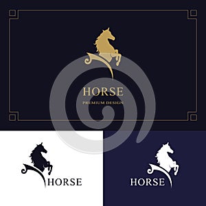 Horse logo. King stallion in jump. Racehorse head profile. Stylish graphic template design for company, farm, race. Vector