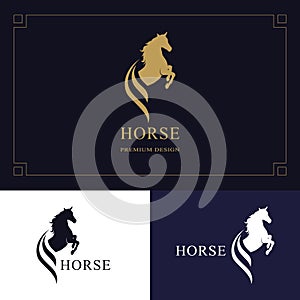 Horse logo. King stallion in jump. Racehorse head profile. Stylish graphic template design for company, farm, race. Vector