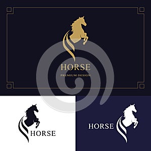 Horse logo. King stallion in jump. Racehorse head profile. Stylish graphic template design for company, farm, race. Vector photo