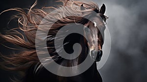 A horse with a long mane blowing in the wind, AI