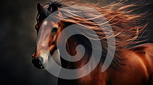 A horse with a long mane of hair blowing in the wind, AI