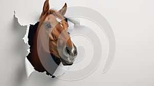 horse looking up in paper side torn hole isolated. AI Generative