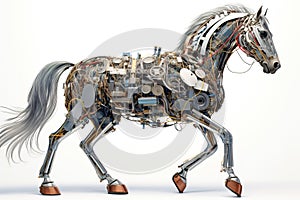 A horse made of electronic machinery on a white background. Wildlife Animals. illustration. Generative AI