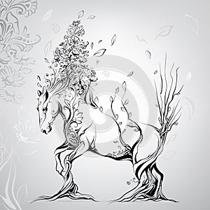 Horse with a mane from flowers in the vegetable ornament