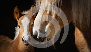 Horse mare nuzzling her cute young foal portrait on dark background