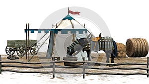 Horse, medieval tent and old wooden cart on a sand surface