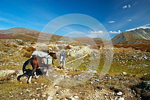 Horse, men and blue sky. Altay. photo
