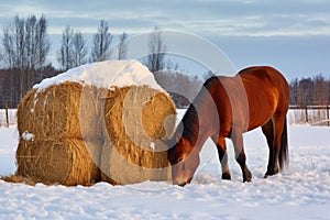 horse munching on snow-covered hay bale