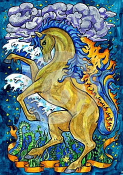 Horse and nature forces. Hand drawn fantasy graphic illustration