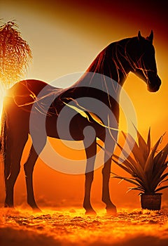Horse in nature. Landscape in the desert background. Horse power. My collection. Illustration for advertising, cartoons, games,
