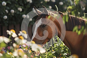 horse near flowers nodding head, look of merriment in its mouths curve