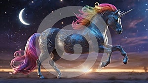 horse in the night, blue unicorn with rainbow mane, galloping at sunset under a crescent moon. ai created