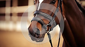 Horse nose or muzzle with bit and bridle. Horse racing at the hippodrome