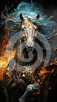 Horse Oil Painting in Liquid Golden Metalic and Cyan Colors