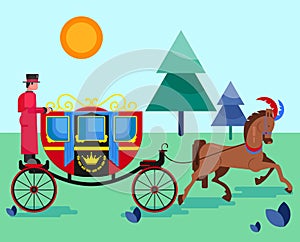 Horse old retro carriage with coachman in nature park vector illustration. Festive decorated horse animal and royal