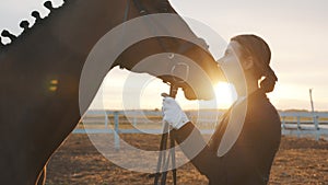 Horse Owner Kissing Her Dark Bay Horse With Love Expressing Her Love For Stallion