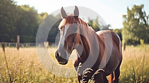 horse in the paddock, Outdoors. Portrait of red horse. Don breed horse. AI Generative