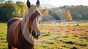 horse in the paddock, Outdoors. Portrait of red horse. Don breed horse. AI Generative