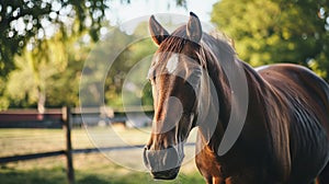 horse in the paddock, Outdoors. Portrait of red horse. Don breed horse. AI Generative