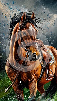 Horse painting on canvas. Portrait of a bay horse.