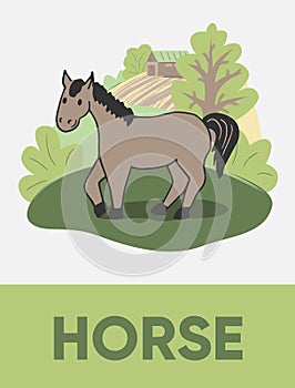 Horse in the pasture, farm animal card