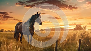 Horse in pasture with sunset in the background close-up. Generative AI.