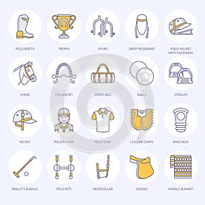 Horse polo flat line icons. Vector illustration of horse sport game, equestrian equipment saddle, leather boots, harness