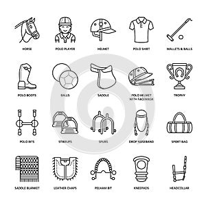 Horse polo flat line icons. Vector illustration of horses sport game, equestrian equipment - saddle, leather boots