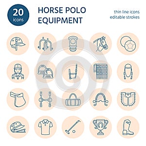 Horse polo flat line icons. Vector illustration of horses sport game, equestrian equipment - saddle, leather boots