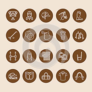 Horse polo flat line icons. Vector illustration of horses sport game, equestrian equipment - saddle, leather boots