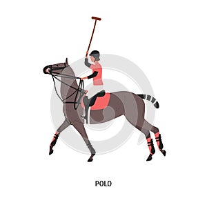 Horse polo flat vector illustration. Game, performance, equestrian sport competition. Polo player riding horse cartoon