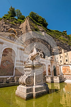 The Horse Pond Pferdeschwemme  and the  Horse Tamer statue in the old town of Salzburg, Austria