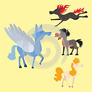 Horse pony stallion vector breeds color farm equestrian mammal domestic animal mane zoo character illustration.